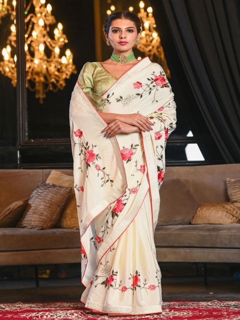 

BEATITUDE White & Red Floral Crepe Saree