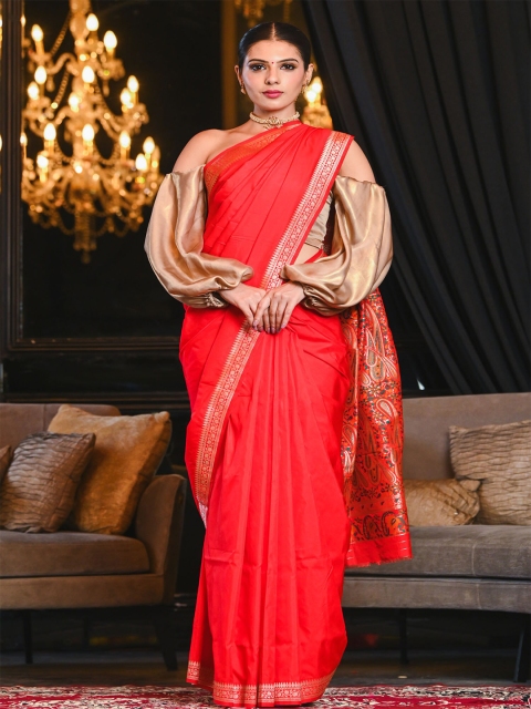 

BEATITUDE Red & Blue Zari Silk Blend Banarasi Saree
