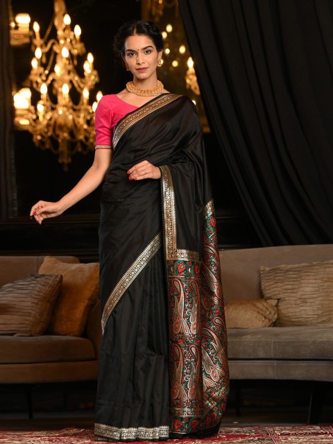 

BEATITUDE Black & Gold-Toned Woven Design Zari Silk Blend Banarasi Saree