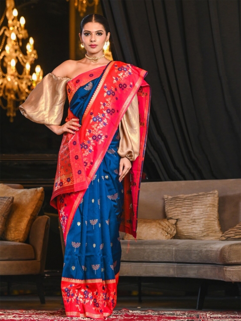 

BEATITUDE Blue & Red Ethnic Motifs Zari Silk Blend Paithani Saree