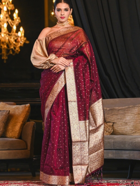 

BEATITUDE Burgundy & Gold-Toned Woven Design Zari Silk Blend Banarasi Saree