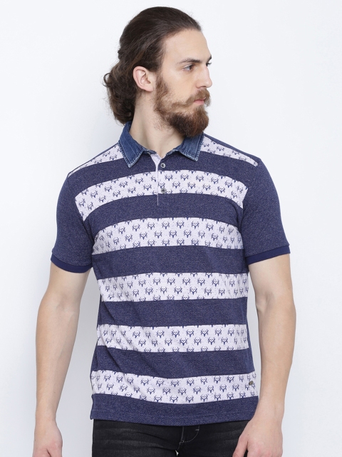 

Status Quo Men Navy Blue Printed Slim Polo Collar T-shirt