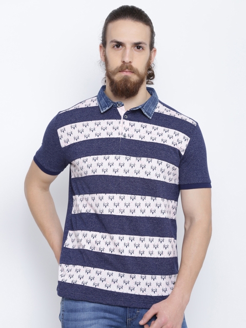 

Status Quo Men Pink & Navy Striped Polo Collar T-shirt