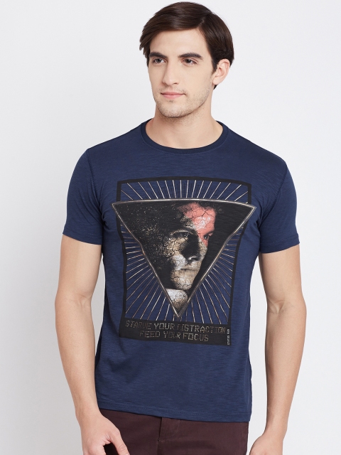 

Status Quo Men Navy Printed Slim Fit Round Neck T-shirt, Navy blue