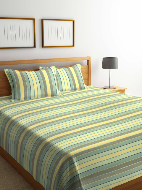 

SHADES of LIFE Green & Yellow Striped Pure Cotton Double Queen Bed Cover With Pillow Covers