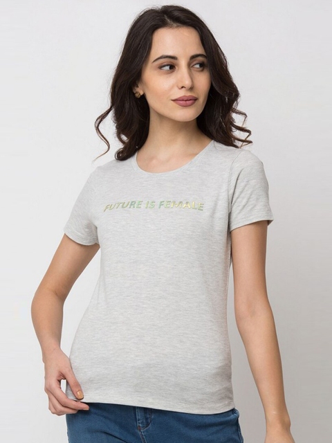 SPYKAR Women Grey Typography Printed T-shirt