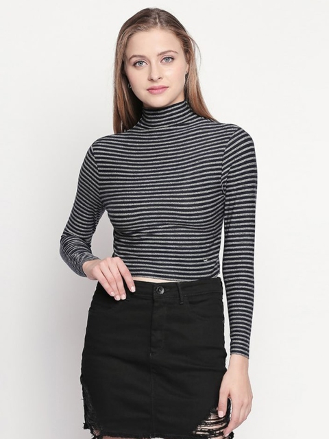 

SPYKAR Women Navy Blue & Grey Striped High Neck Slim Fit T-shirt