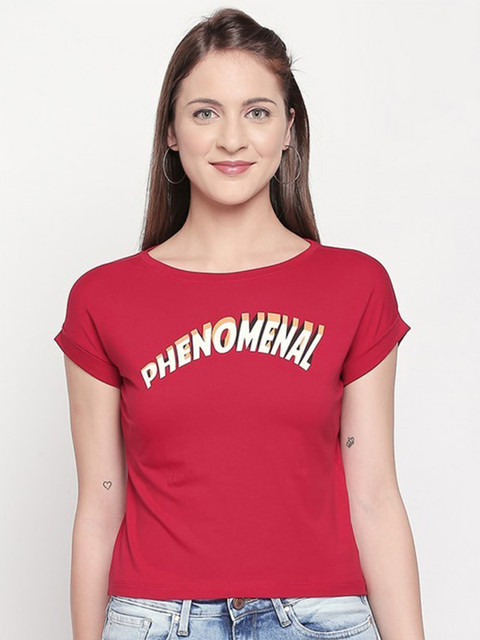 

SPYKAR Women Red Typography Printed Extended Sleeves Slim Fit T-shirt