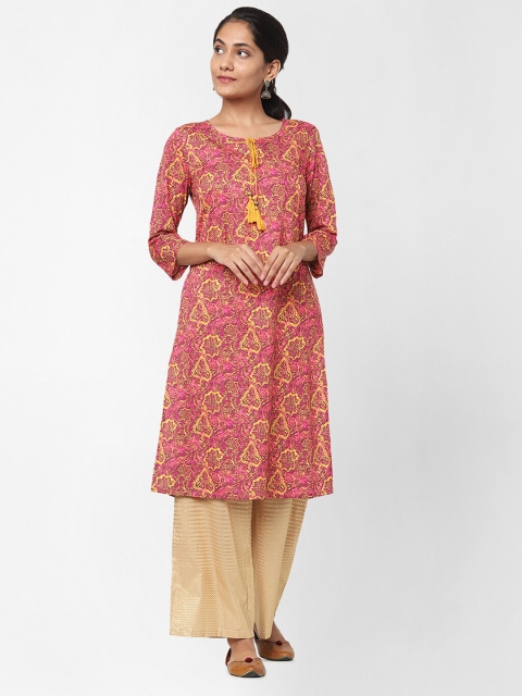 

Naari Pink Printed Tie Up Neck Straight Kurta