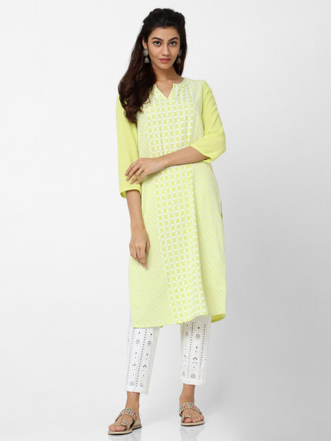 

Naari Lime Green Floral Chikankari Embroidered Kurta