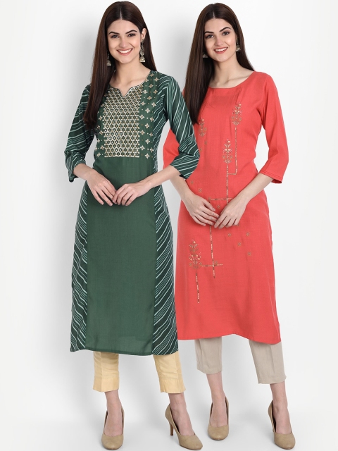 

arangya Women Set Of 2 Green & Pink Floral Embroidered Kurta
