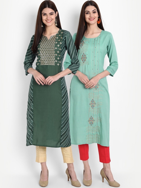 

arangya Women Pack of 2 Green & Sea Green Ethnic Motifs Embroidered Kurta