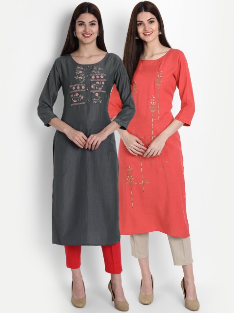 

arangya Women Grey & Peach-Coloured Embroidered Thread Work Straight Kurta Pack Of 2