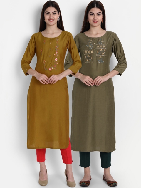 

arangya Women Set Of 2 Olive Green & Grey Floral Embroidered Kurta
