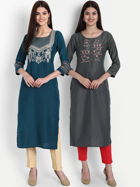 

arangya Women Pack Of 2 Teal & Grey Kurta
