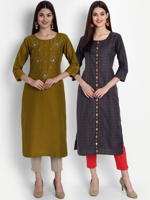 

arangya Women Pack of 2 Olive Green & Navy Blue Embroidered Kurtas