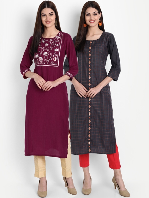 

arangya Women Maroon & Grey Embroidered Kurta