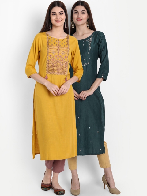 

arangya Women Pack of 2 Yellow & Grey Geometric Embroidered Kurtas