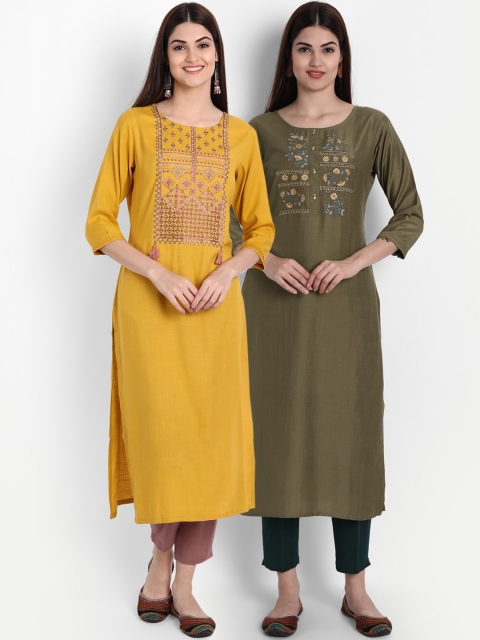 

arangya Women Pack of 2 Yellow & Olive Green Floral Embroidered Kurtas