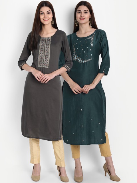 

arangya Women Pack of 2 Grey & Green Floral Embroidered Kurta