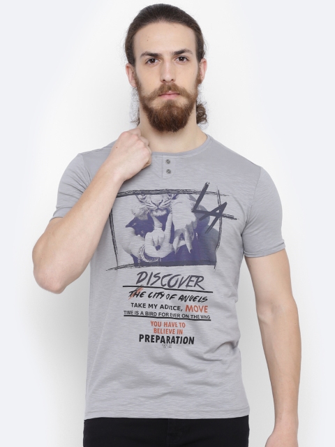 

Status Quo Men Grey Printed Slim Round Neck T-shirt