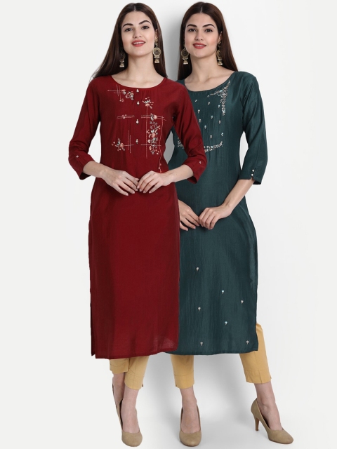 

arangya Women Pack of 2 Maroon & Teal Floral Embroidered Kurta