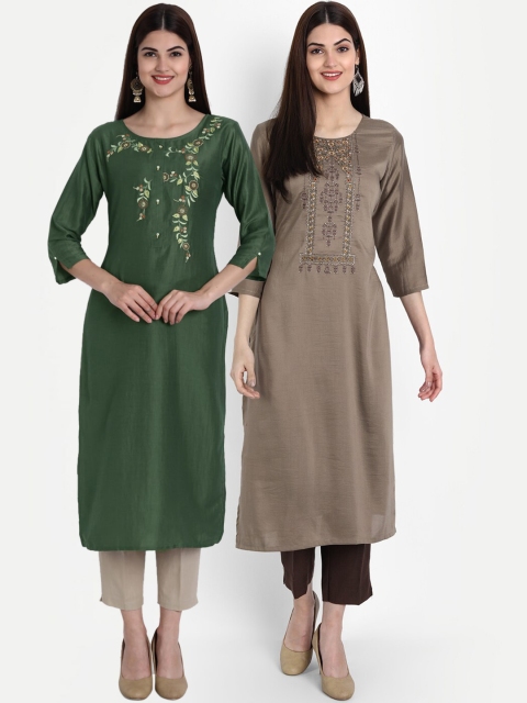 

arangya Women Set Of 2 Grey & Green Ethnic Motifs Embroidered Kurta