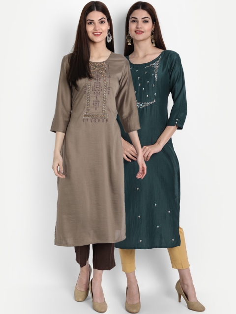 

arangya Women Grey & Blue Set Of 2 Floral Embroidered Kurta