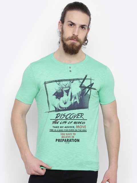 

Status Quo Men Green Printed Slim Round Neck T-shirt