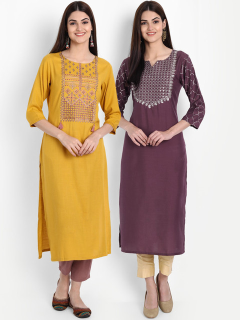 

arangya Women Pack of 2 Mauve & Yellow Yoke Design Thread Work Kurtas