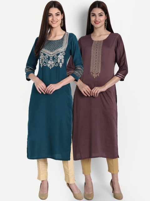 

arangya Women Pack of 2 Teal Blue & Brown Ethnic Motifs Embroidered Kurtas