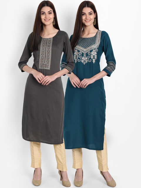 

arangya Women Pack of 2 Grey & Blue Ethnic Motifs Embroidered Kurta