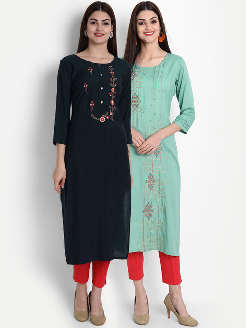 

arangya Women Black & Blue Embroidered Kurta