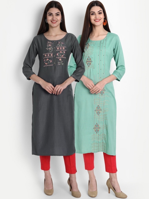 

arangya Women Pack of 2 Grey & Sea Green Ethnic Motifs Embroidered Thread Work Kurta