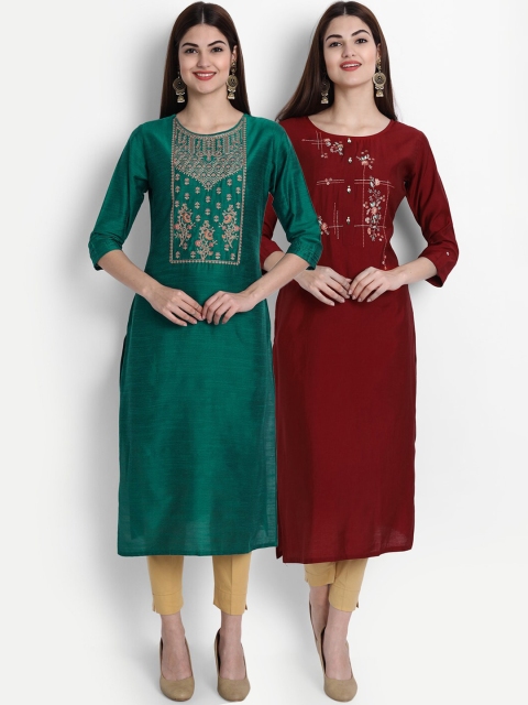 

arangya Women Green & Red Embroidered Kurta