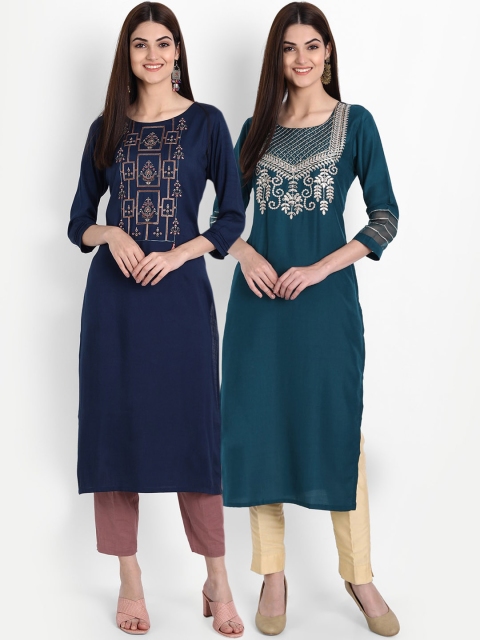 

arangya Women Pack of 2 Navy Blue & Teal Ethnic Motifs Embroidered Kurtas