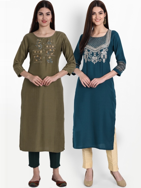 arangya Women Pack of 2 Green & Blue Floral Embroidered Thread Work Kurta