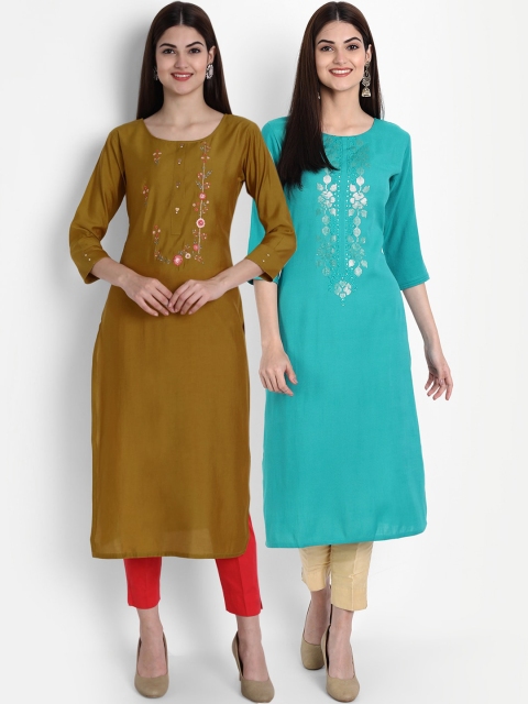 

arangya Women Set Of 2 Blue & Green Floral Embroidered Kurta