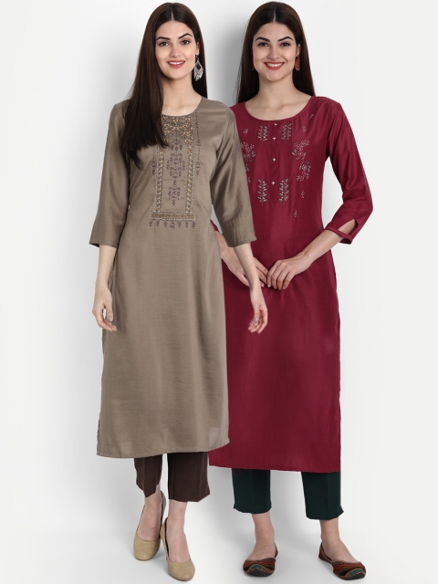 

arangya Women Pack of 2 Maroon & Grey Embroidered Thread Work Kurtas
