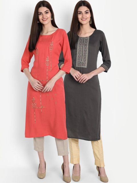 

arangya Women Pack Of 2 Brown & Pink Yoke Design Kurta