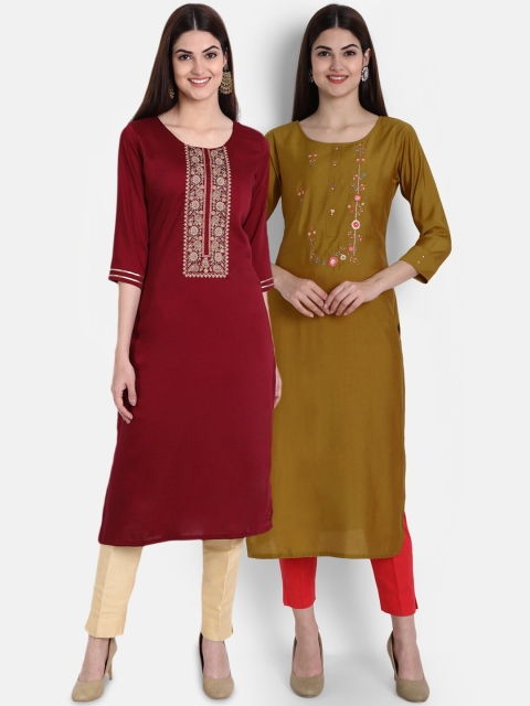 

arangya Women Pack of 2 Maroon & Olive Green Floral Embroidered Thread Work Kurtas