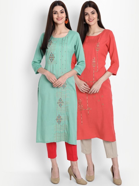 

arangya Women Blue & Peach-Coloured Embroidered Kurta