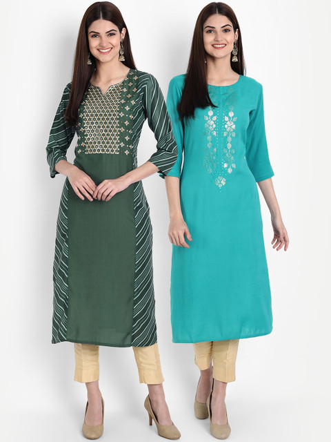 

arangya Women Pack of 2 Green & Turquoise Blue Embroidered Kurtas