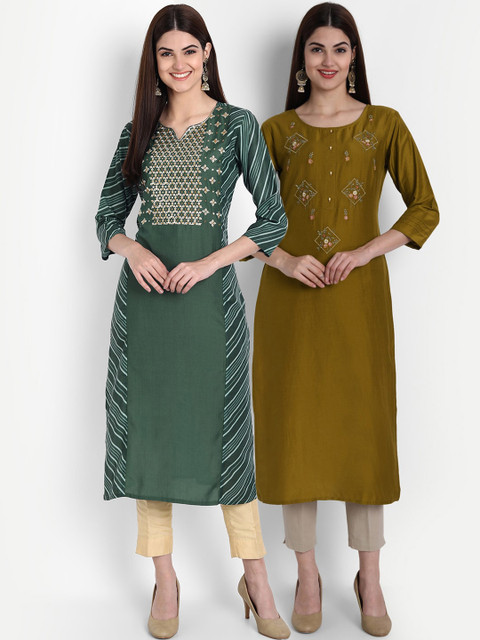 

arangya Women Pack Of 2 Green & Olive Green Embroidered Kurta