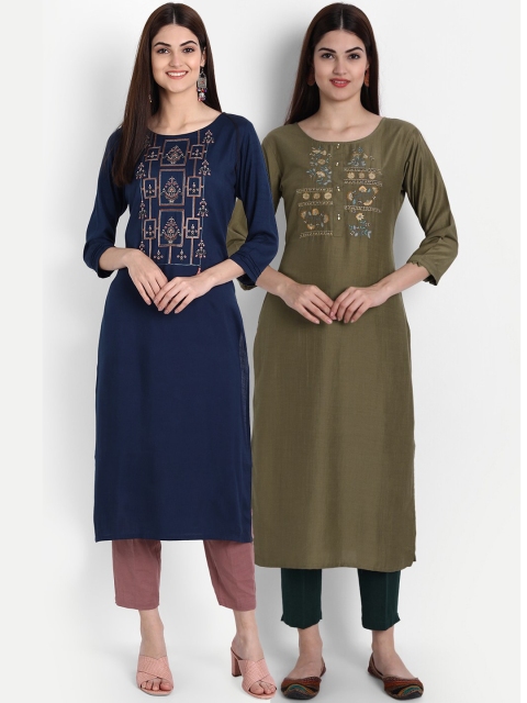

arangya Women Pack of 2 Blue & Green Floral Embroidered Thread Work Kurta