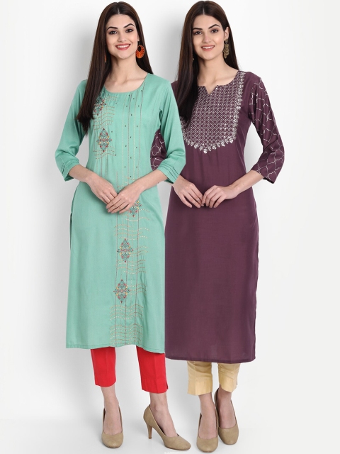 

arangya Women Pack of 2 Sea Green & Purple Floral Embroidered Thread Work Kurta