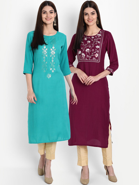 

arangya Women Pack Of 2 Blue & Violet Floral Embroidered Thread Work Kurta