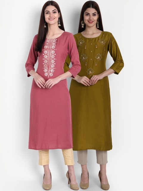 

arangya Women Set Of 2 Pink & Green Floral Embroidered Kurta