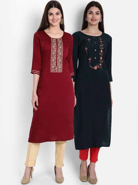 arangya Women Pack of 2 Maroon & Navy Blue Floral Embroidered Thread Work Kurtas
