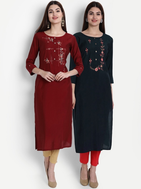 

arangya Women Red & Black Set Of 2 Floral Embroidered Thread Work Kurta